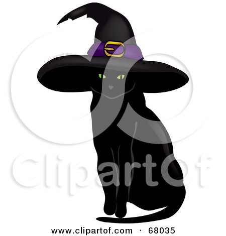 Royalty-Free (RF) Clipart Illustration of a Sitting Black Cat With Green Eyes, Wearing A Witch Hat by Pams Clipart