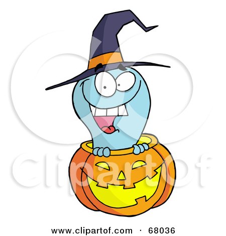 Royalty-Free (RF) Clipart Illustration of a Happy Blue Ghost In A Carved Halloween Pumpkin by Hit Toon