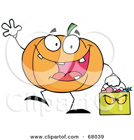 Royalty-Free (RF) Clipart Illustration of a Pumpkin Character Waving And Carrying A Green Trick Or Treat Bag by Hit Toon