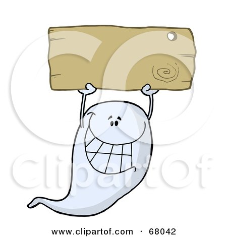 Royalty-Free (RF) Clipart Illustration of a Grinning Ghost Holding Up A Blank Wooden Sign by Hit Toon