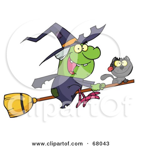 Royalty-Free (RF) Clipart Illustration of a Wicked Halloween Witch And Cat Flying On A Broom Stick by Hit Toon
