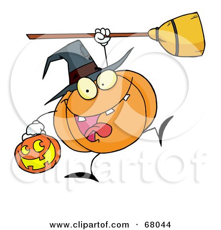 Royalty-Free (RF) Clipart Illustration of a Leaping Pumpkin Character Witch With A Jackolantern And Broom by Hit Toon