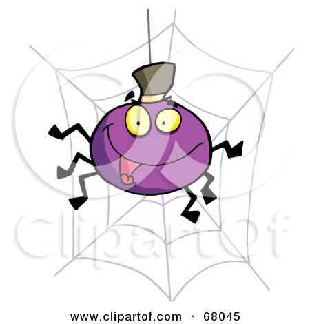 Royalty-Free (RF) Clipart Illustration of a Purple Halloween Spider Wearing A Hat And Resting On A Web by Hit Toon