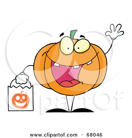 Royalty-Free (RF) Clipart Illustration of a Pumpkin Character Waving And Carrying A White Trick Or Treat Bag by Hit Toon