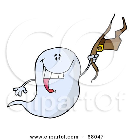 Royalty-Free (RF) Clipart Illustration of a Flying Halloween Ghost Holding His Hat And Smiling by Hit Toon