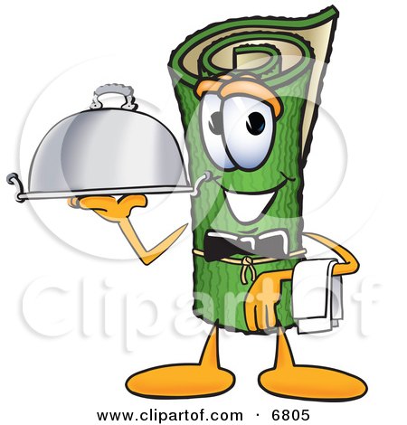 Clipart Picture of a Green Carpet Mascot Cartoon Character Dressed as a Waiter and Holding a Platter by Mascot Junction