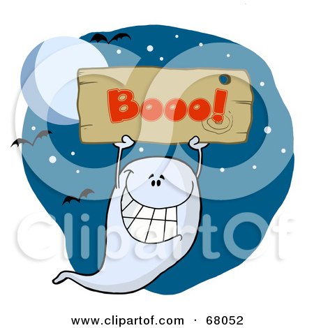 Royalty-Free (RF) Clipart Illustration of a Grinning Ghost Holding Up A Wooden Boo Sign Against A Night Sky by Hit Toon
