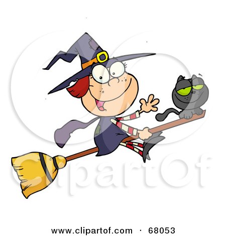 Royalty-Free (RF) Clipart Illustration of a Happy Halloween Witch And Cat Flying On A Broom Stick by Hit Toon