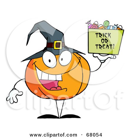 Royalty-Free (RF) Clipart Illustration of a Pumpkin Character Holding Up A Tub Of Candy by Hit Toon