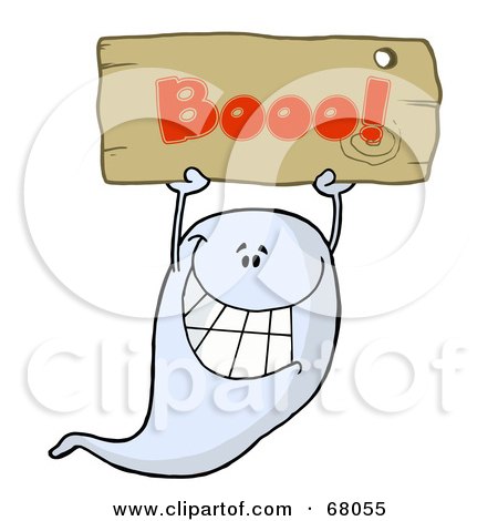 Royalty-Free (RF) Clipart Illustration of a Grinning Ghost Holding Up A Wooden Boo Sign by Hit Toon