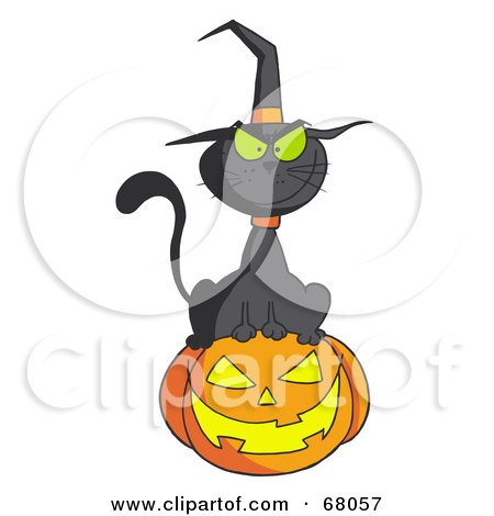 Royalty-Free (RF) Clipart Illustration of a Black Witch Cat Sitting On Top Of A Jack O Lantern by Hit Toon