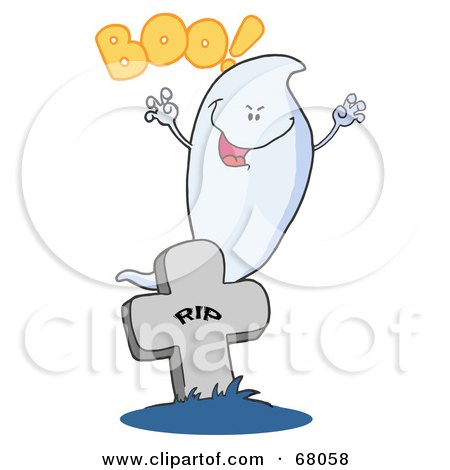 Royalty-Free (RF) Clipart Illustration of a Scary Halloween Ghost Emerging Behind A Tombstone by Hit Toon