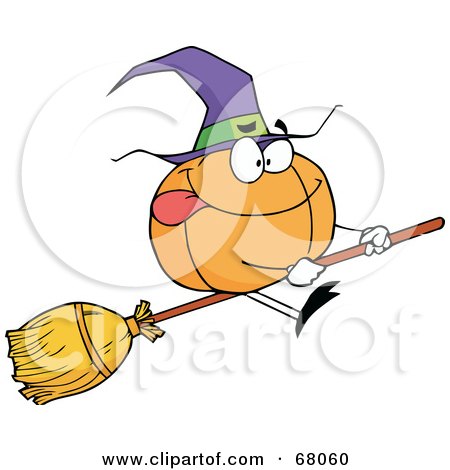 Royalty-Free (RF) Clipart Illustration of a Pumpkin Character Witch On A Broom Stick by Hit Toon
