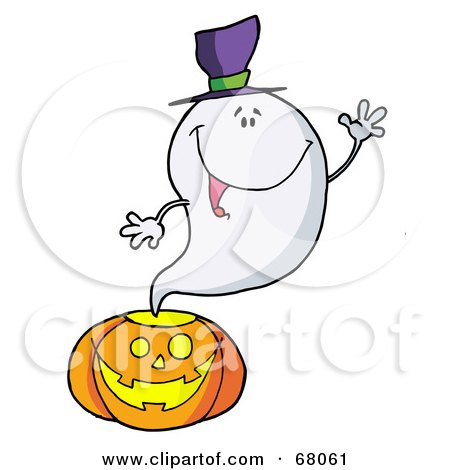 Royalty-Free (RF) Clipart Illustration of a Ghost Waving And Emerging From A Halloween Pumpkin by Hit Toon