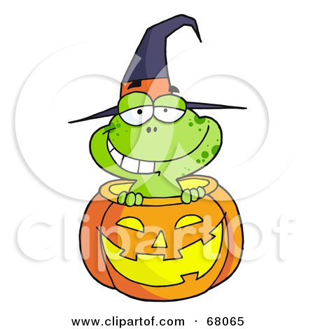 Royalty-Free (RF) Clipart Illustration of a Happy Frog In A Carved Halloween Pumpkin by Hit Toon