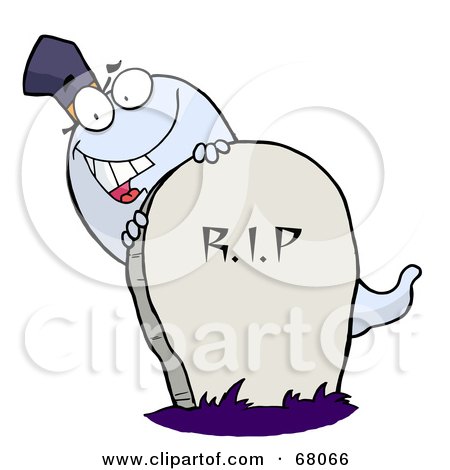 Royalty-Free (RF) Clipart Illustration of a White Halloween Ghost Looking Around A Tombstone by Hit Toon