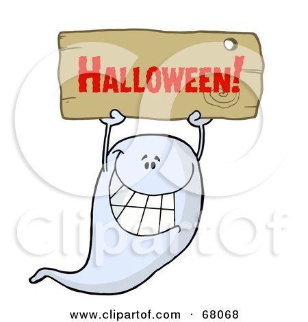 Royalty-Free (RF) Clipart Illustration of a Grinning Ghost Holding Up A Wooden Halloween Sign by Hit Toon