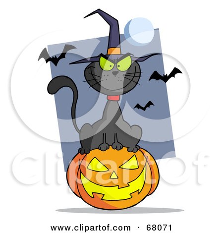 Royalty-Free (RF) Clipart Illustration of an Evil Black Witch Cat Sitting On A Jack O Lantern, With Bats And A Full Moon by Hit Toon