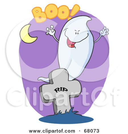 Royalty-Free (RF) Clipart Illustration of a Spooky Halloween Ghost Emerging Behind A Tombstone Over Purple by Hit Toon