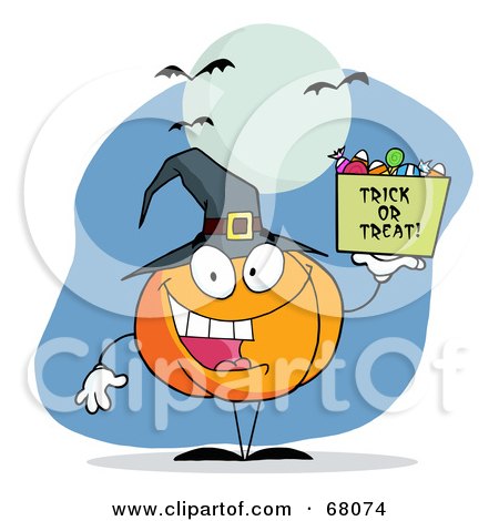 Royalty-Free (RF) Clipart Illustration of a Pumpkin Character With Halloween Candy Under Bats And A Full Moon by Hit Toon