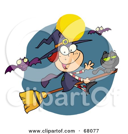 Royalty-Free (RF) Clipart Illustration of a Happy Halloween Witch And Cat Flying Through Bats On A Broom Stick by Hit Toon