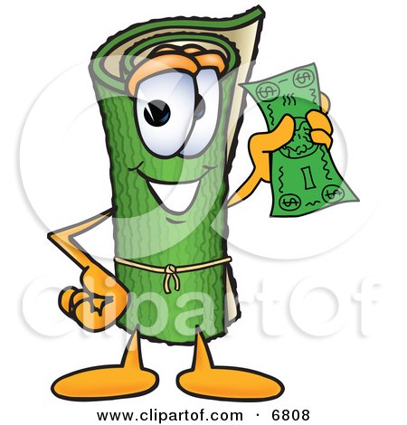 Clipart Picture of a Green Carpet Mascot Cartoon Character Holding a Dollar Bill by Mascot Junction