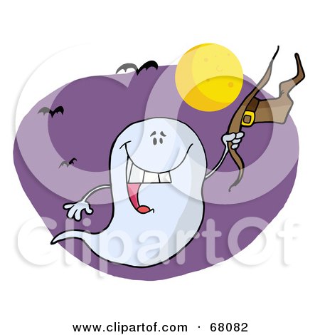 Royalty-Free (RF) Clipart Illustration of a Halloween Ghost Holding His Hat And Flying By Bats Near A Full Moon by Hit Toon
