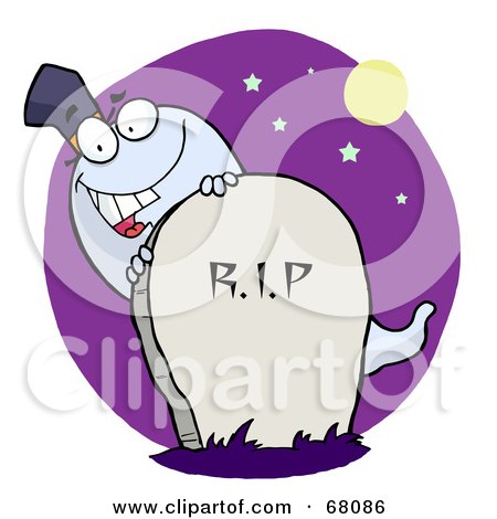 Royalty-Free (RF) Clipart Illustration of a White Halloween Ghost Peeking Behind A Tombstone Over A Purple Circle by Hit Toon