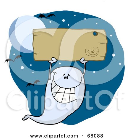 Royalty-Free (RF) Clipart Illustration of a Ghost Holding Up A Blank Wooden Sign And Flying Against A Night Sky With Bats by Hit Toon