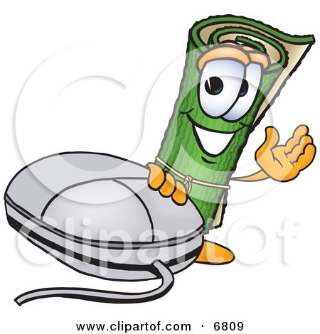 Clipart Picture of a Green Carpet Mascot Cartoon Character With a Computer Mouse by Mascot Junction