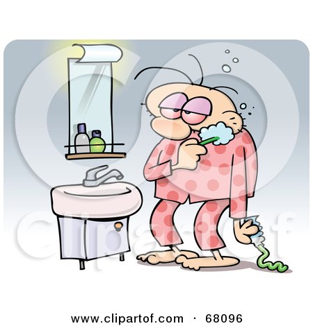 Royalty-Free (RF) Clipart Illustration of a Tired Man Brushing His Teeth And Wearing His Pajamas In The Morning by gnurf