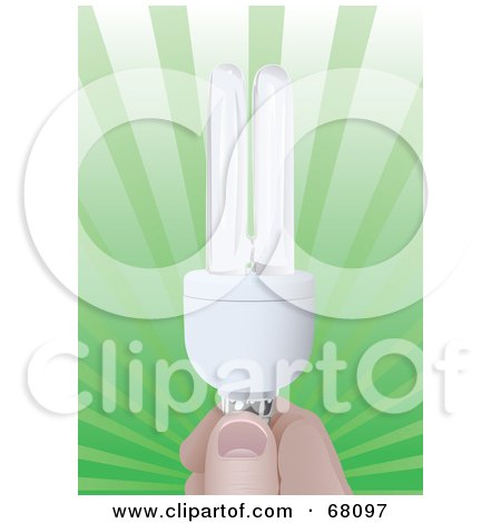Royalty-Free (RF) Clipart Illustration of a Hand Holding A Compact Energy Efficient Light Bulb Over A Green Burst by Paulo Resende