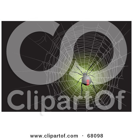 Royalty-Free (RF) Clipart Illustration of a Black Widow Spider In A Web On Green And Black by Pushkin