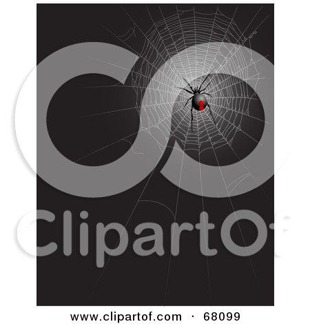 Royalty-Free (RF) Clipart Illustration of a Black Widow Spider In A Web On Black by Pushkin