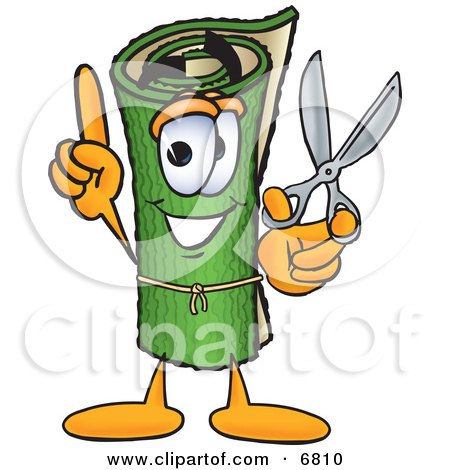 Clipart Picture of a Green Carpet Mascot Cartoon Character Holding Scissors by Mascot Junction