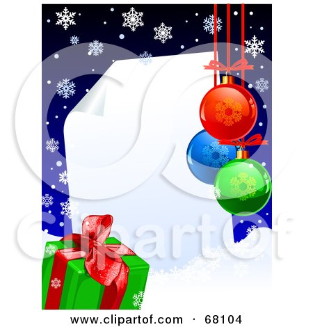 Royalty-Free (RF) Clipart Illustration of a Curling Piece Of Paper Christmas Background With Snowflakes, Snow, A Present And Baubles by Pushkin
