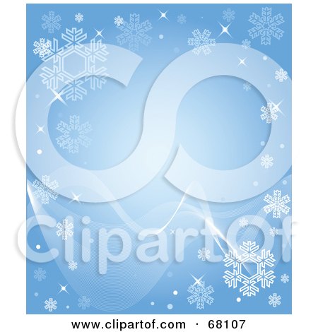 Royalty-Free (RF) Clipart Illustration of a Blue Christmas Background With Snowflakes And Faint Waves by Pushkin