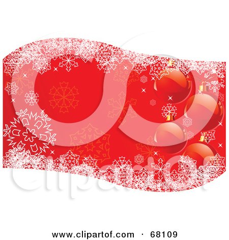 Royalty-Free (RF) Clipart Illustration of a Horizontal Red Christmas Background With Baubles, Snowflakes And Waves Of White by Pushkin