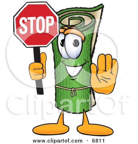 Clipart Picture of a Green Carpet Mascot Cartoon Character Holding a Stop Sign by Mascot Junction