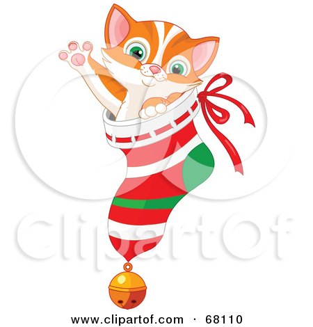 Royalty-Free (RF) Clipart Illustration of a Cute Christmas Kitten Reaching Up Out Of A Stocking by Pushkin