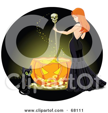 Cat By A Sexy Red Haired Witch Stirring A Spell In A Pumpkin Cauldron, On A Green Posters, Art Prints