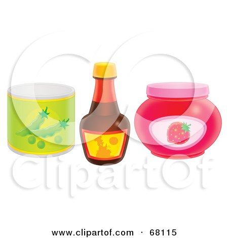 Royalty-Free (RF) Clipart Illustration of a Digital Collage Of Canned Peas, Bottle Of Sauce And Strawberry Jam by Alex Bannykh
