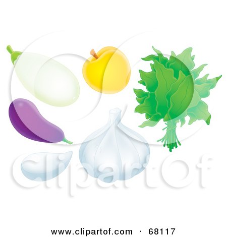 Royalty-Free (RF) Clipart Illustration of a Digital Collage Of White And Purple Eggplants, Garlic, Apricot And Spinach by Alex Bannykh