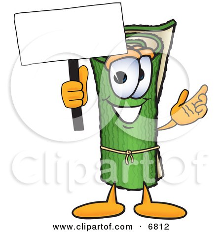 Clipart Picture of a Green Carpet Mascot Cartoon Character Holding a Blank Sign by Mascot Junction