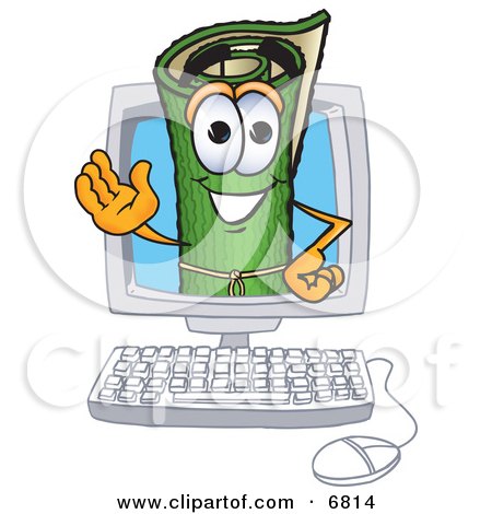 Clipart Picture of a Green Carpet Mascot Cartoon Character in a Computer Screen by Mascot Junction