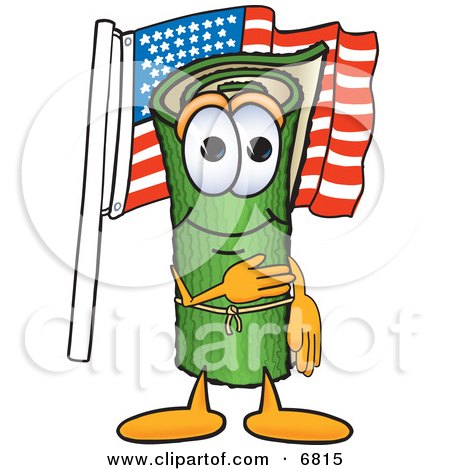 Clipart Picture of a Green Carpet Mascot Cartoon Character Pledging Allegiance to the American Flag by Mascot Junction