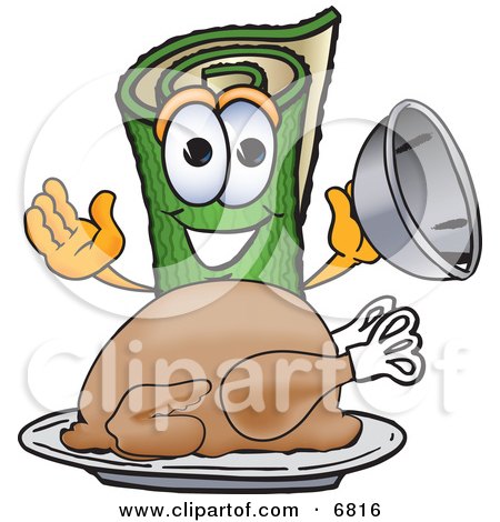 Clipart Picture of a Green Carpet Mascot Cartoon Character With a Thanksgiving Turkey on a Platter by Mascot Junction