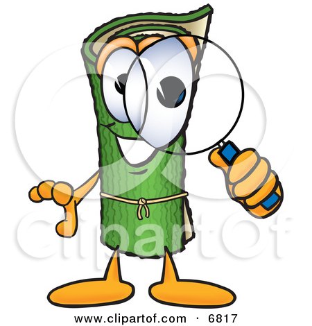 Clipart Picture of a Green Carpet Mascot Cartoon Character Looking Through a Magnifying Glass by Mascot Junction