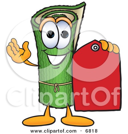 Clipart Picture of a Green Carpet Mascot Cartoon Character Holding a Red Price Tag by Mascot Junction