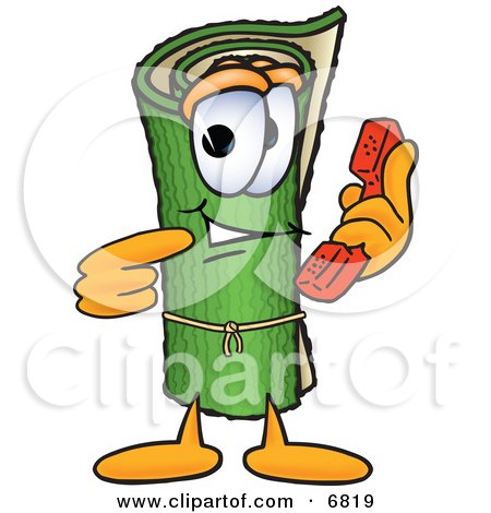 Clipart Picture of a Green Carpet Mascot Cartoon Character Holding a Telephone by Mascot Junction